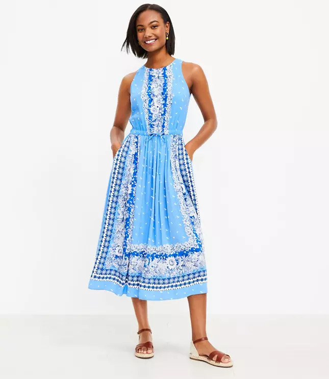 Border Print Cutout Back Midi Pocket Dress | LOFT