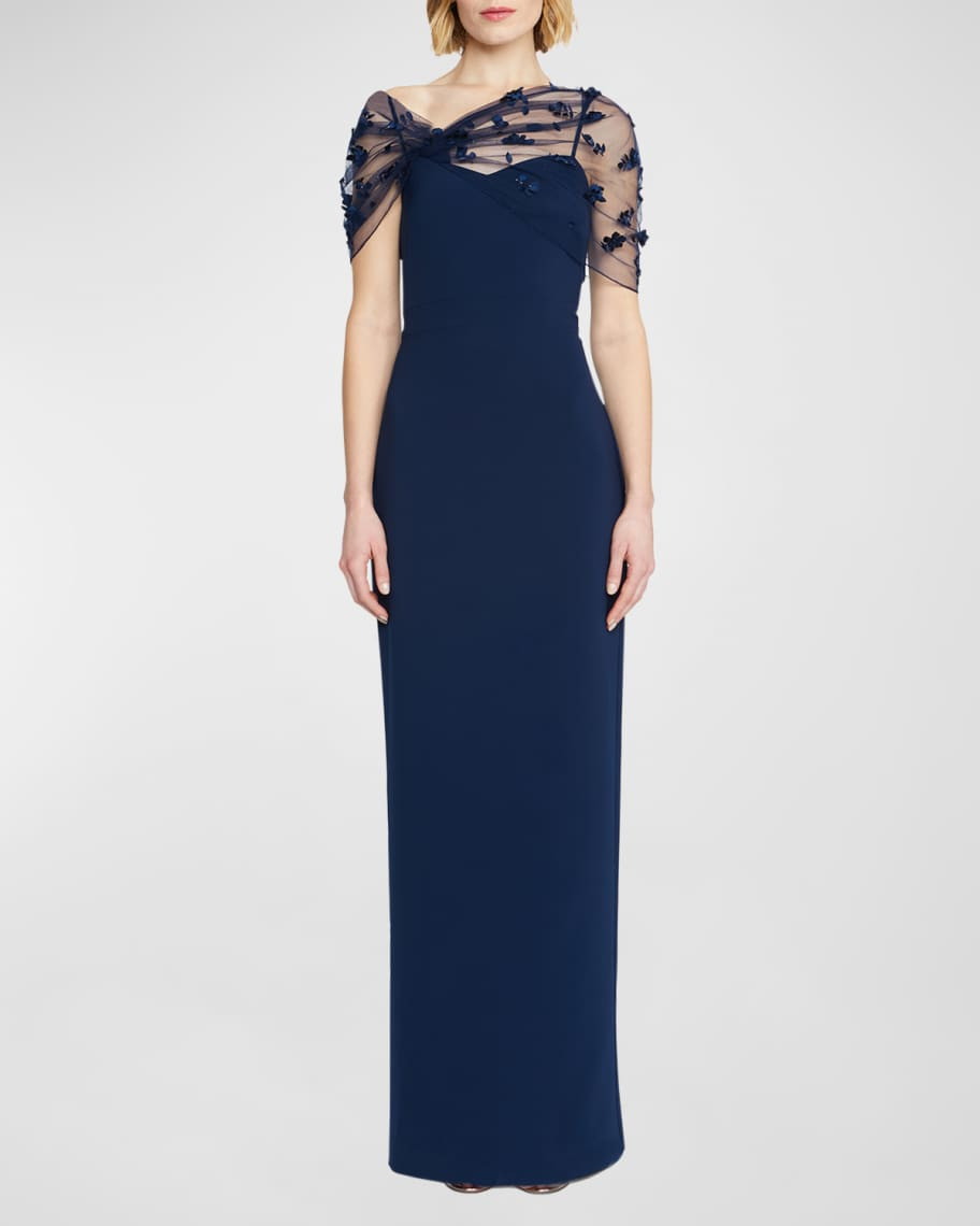 Theia Sofia Floral Applique Tulle & Crepe Gown | Neiman Marcus