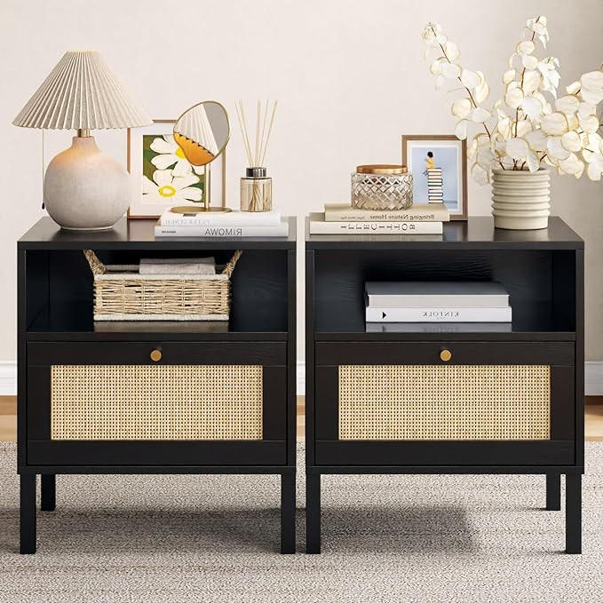 Angel Sar Rattan Night Stand Set 2, Boho Black Nightstands Set of 2, Bedside Table, End Table wit... | Amazon (US)