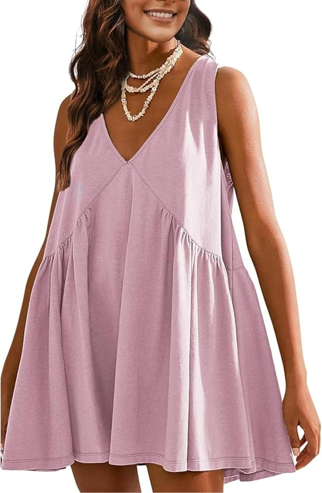 OPCAKM Women's V Neck Sleeveless Mini Dress Pleated Sundress | Amazon (US)