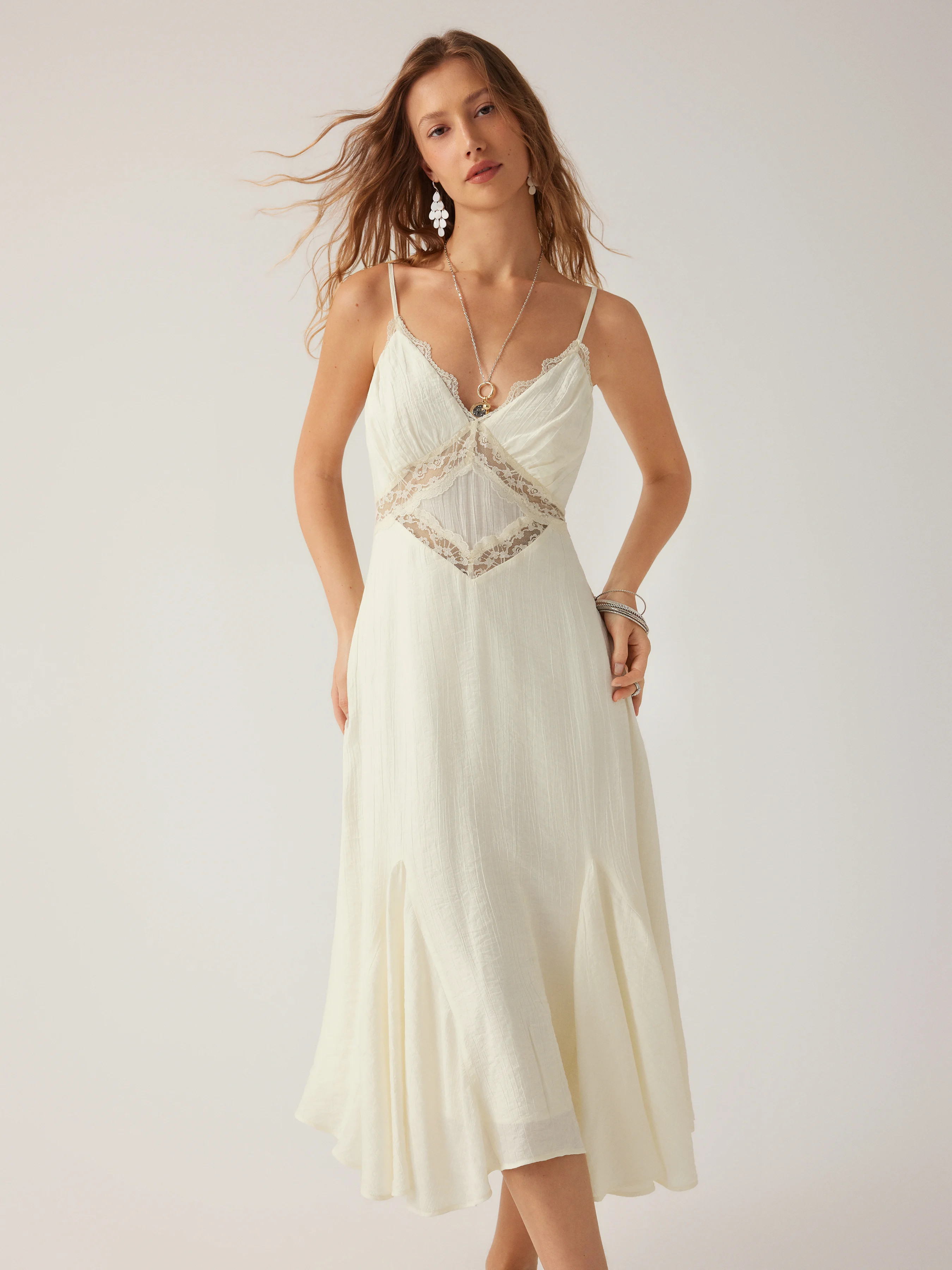 Woven V-neck Lace Panel A-line Cami Midi Dress For Daily Casual Date | Cider