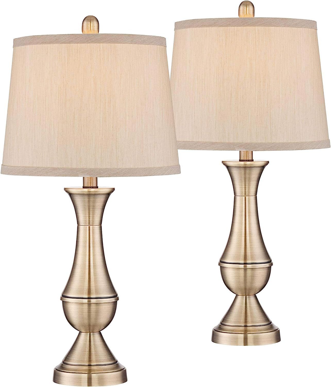 Becky Traditional Table Lamps 24.75" High Set of 2 Antique Brass Gold Metal Beige Tapered Drum Sh... | Amazon (US)