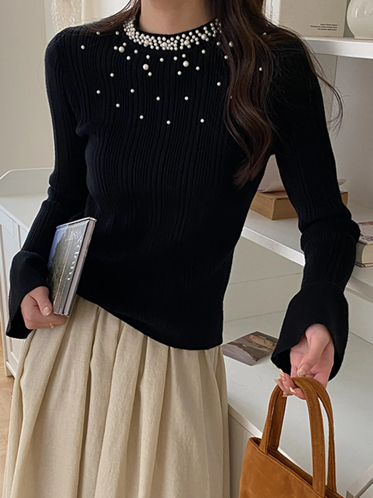 Pearl Decor Ruffle-Cuff Knit Top | Commense