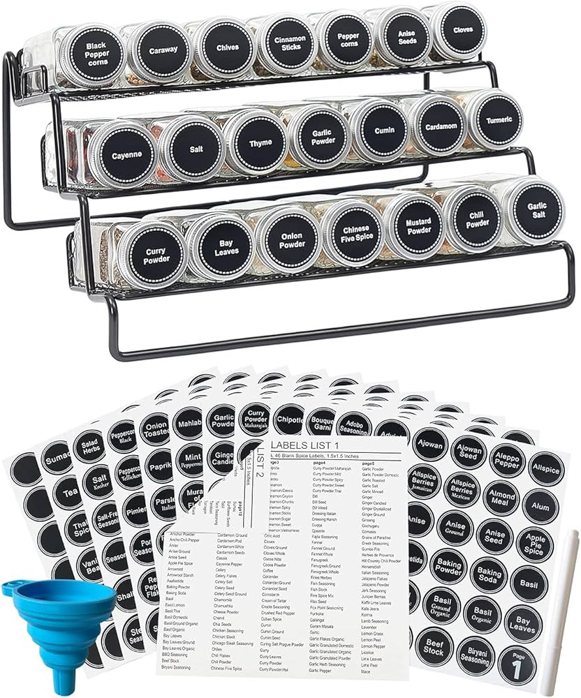 GONGSHI 3 Tier Cabinet Spice Rack Organizer with 21 Empty Glass Spice Jars (4oz), 386 Spice Label... | Amazon (US)