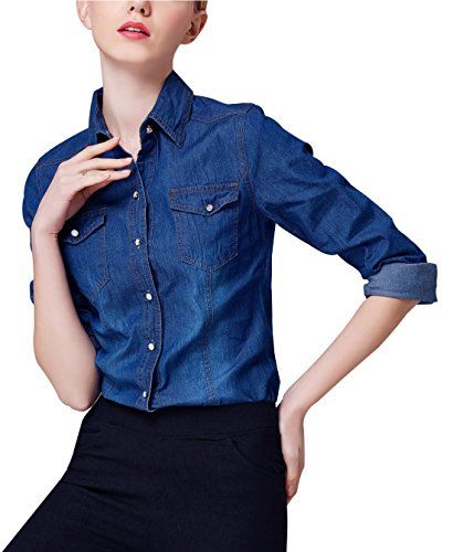 Yeokou Women's Classic Long Sleeve Button Down Denim Chambray Jean Shirt (XX-Large, Dark Blue) | Amazon (US)
