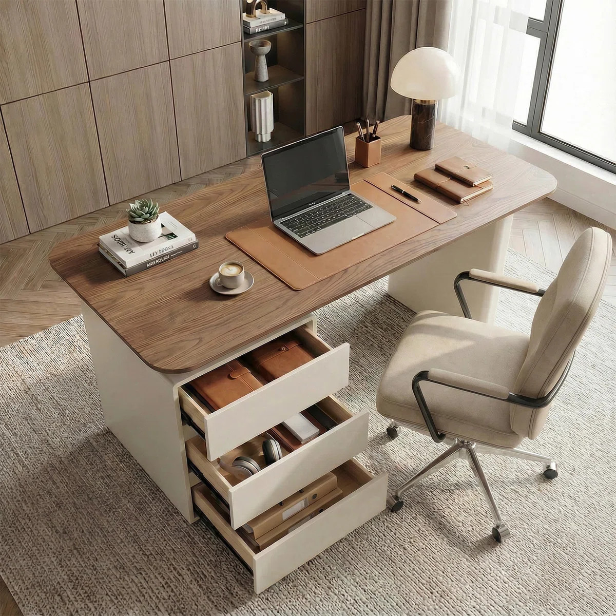 Dunte 63" Modern Walnut Desk with Solid Wood Top and 3 Storage Drawers | Wayfair North America