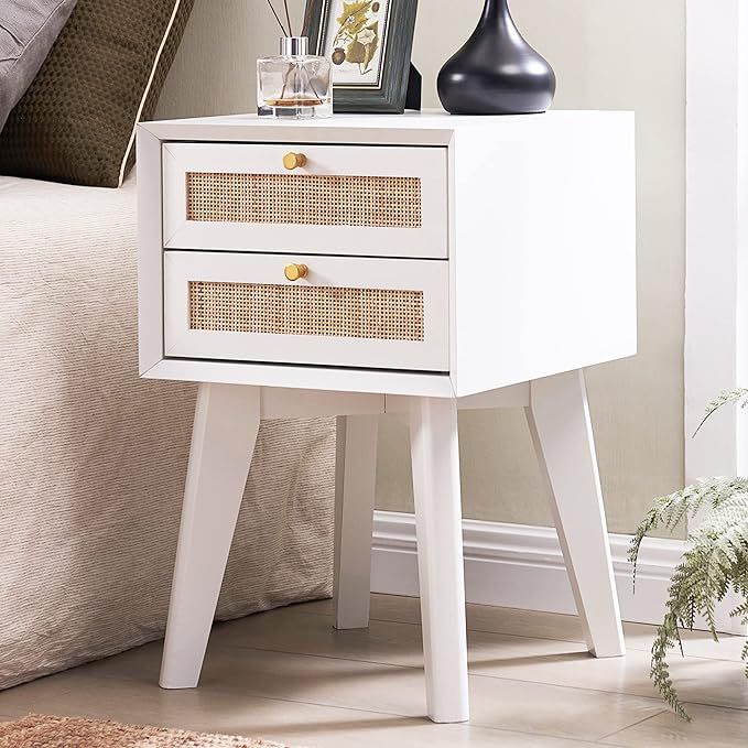 OKD White Nightstand with Rattan Drawers, Mid Century Modern End Table w/Storage, Boho Side Table... | Amazon (US)