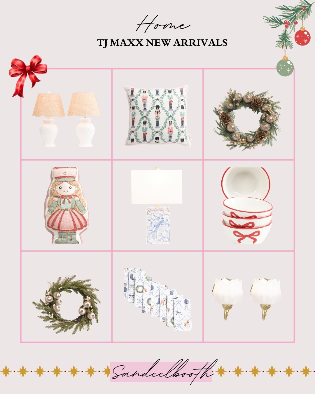 TJ Maxx new home and Christmas arrivals! Pretty Christmas decor, throw pillows, table lamps, Christmas wreaths, hand-painted red ribbon bowls, coquette themed cloth napkins, rechargeable wall sconce, 

#LTKHoliday #LTKSeasonal #LTKFindsUnder100