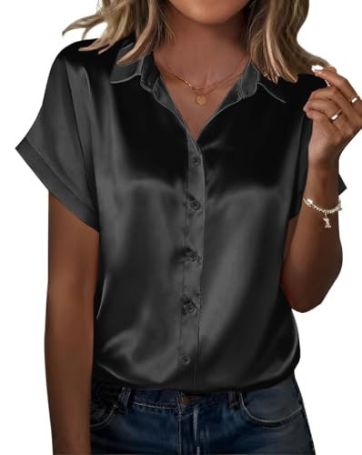 Zeagoo Satin Silk Shirts for Women Casual Loose Black Short Sleeve Silky Button Up Blouse V-Neck Tunic Top Black | Amazon (US)