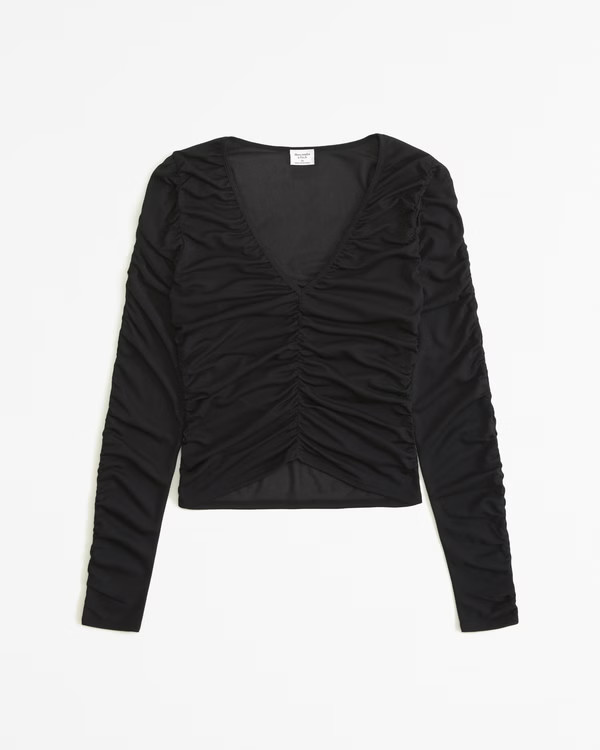 Long-Sleeve Mesh Ruched Top | Abercrombie & Fitch (US)