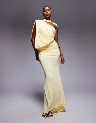 ASOS DESIGN one-shoulder drape maxi dress with cape detail in buttermilk yellow | ASOS (Global)