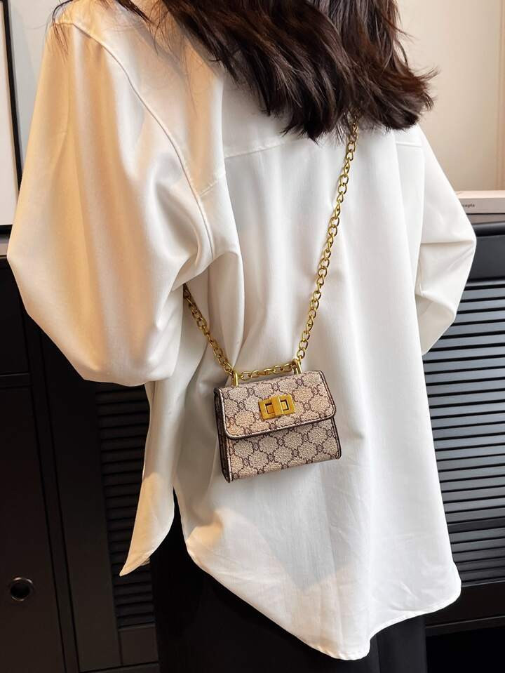 Mini Square Bag Geometric Pattern Chain Turn Lock PU | SHEIN