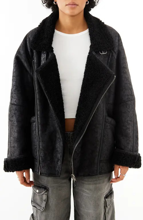 BDG Urban Outfitters Ella Faux Shearling Lined Faux Leather Aviator Jacket in Black at Nordstrom, Size Small | Nordstrom