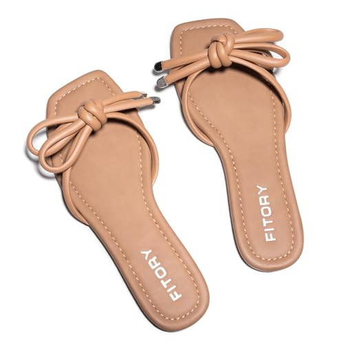 FITORY Women's Flat Sandals Square Open Toe Thong with Cute Knot for Summer Size 9 Camel | Amazon (US)