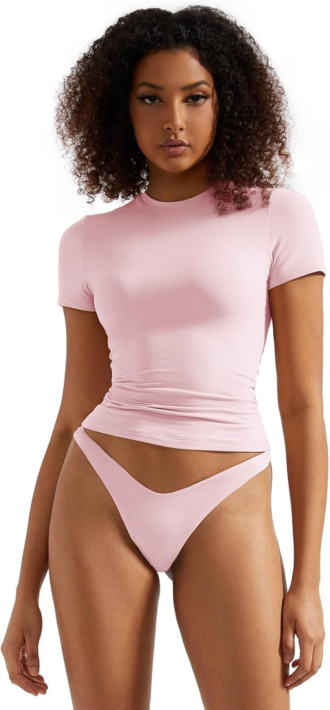 SUUKSESS Women Double Lined Fitted Basic Tee Crew Neck Short Sleeve Y2K Crop Top | Amazon (US)