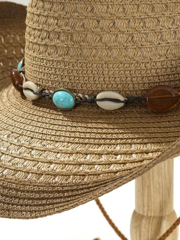 1pc Unisex Brown Hollow Out Straw Sun Hat With Turquoise Shell Decor, Boho Ridge Cowgirl Hat, Bea... | SHEIN