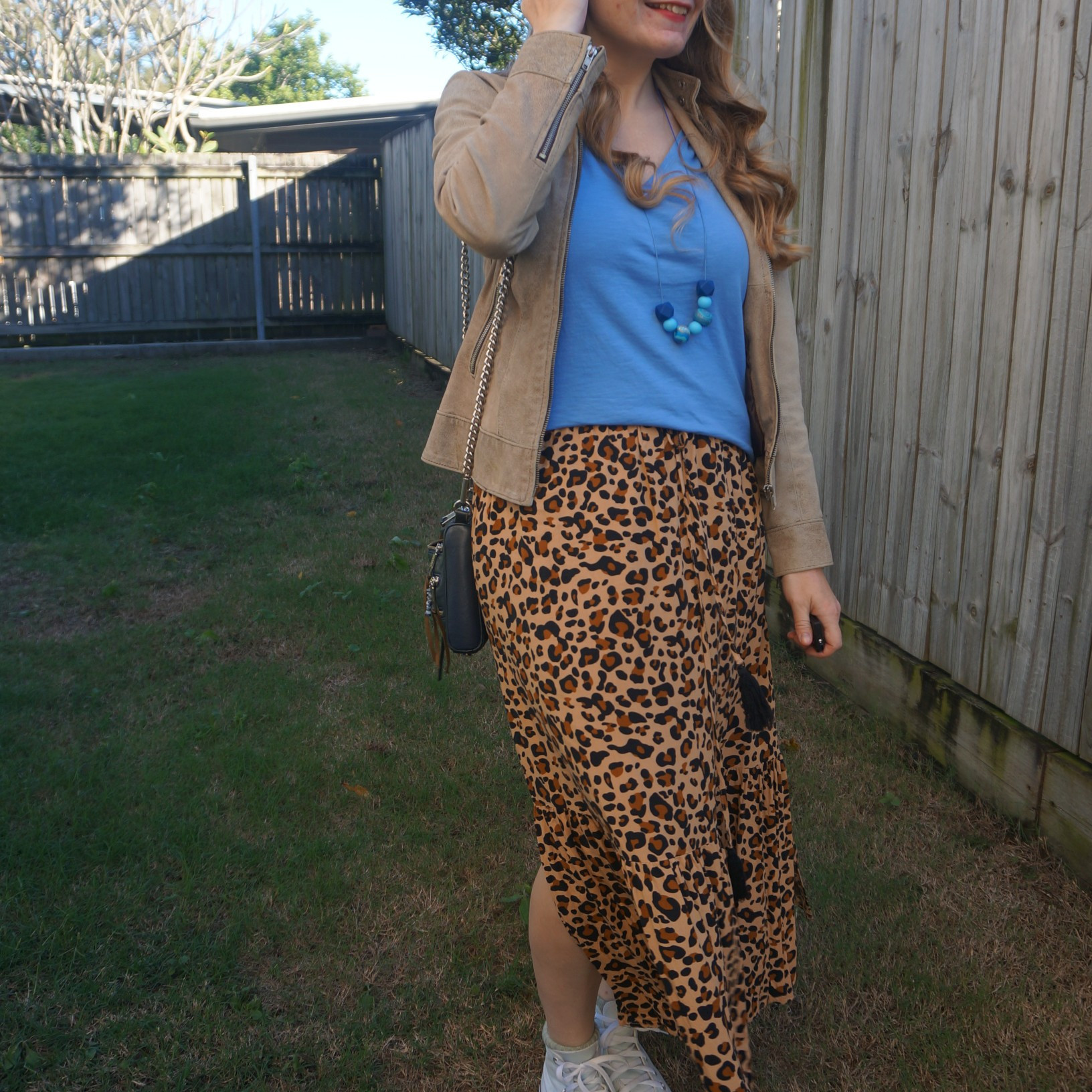 Blue tee with thrifted vintage leather jacket, leopard print skirt and Converse high tops.  With navy Rebecca Minkoff mini 5-zip bag 💙 

#LTKaustralia #LTKwinter #LTKbag