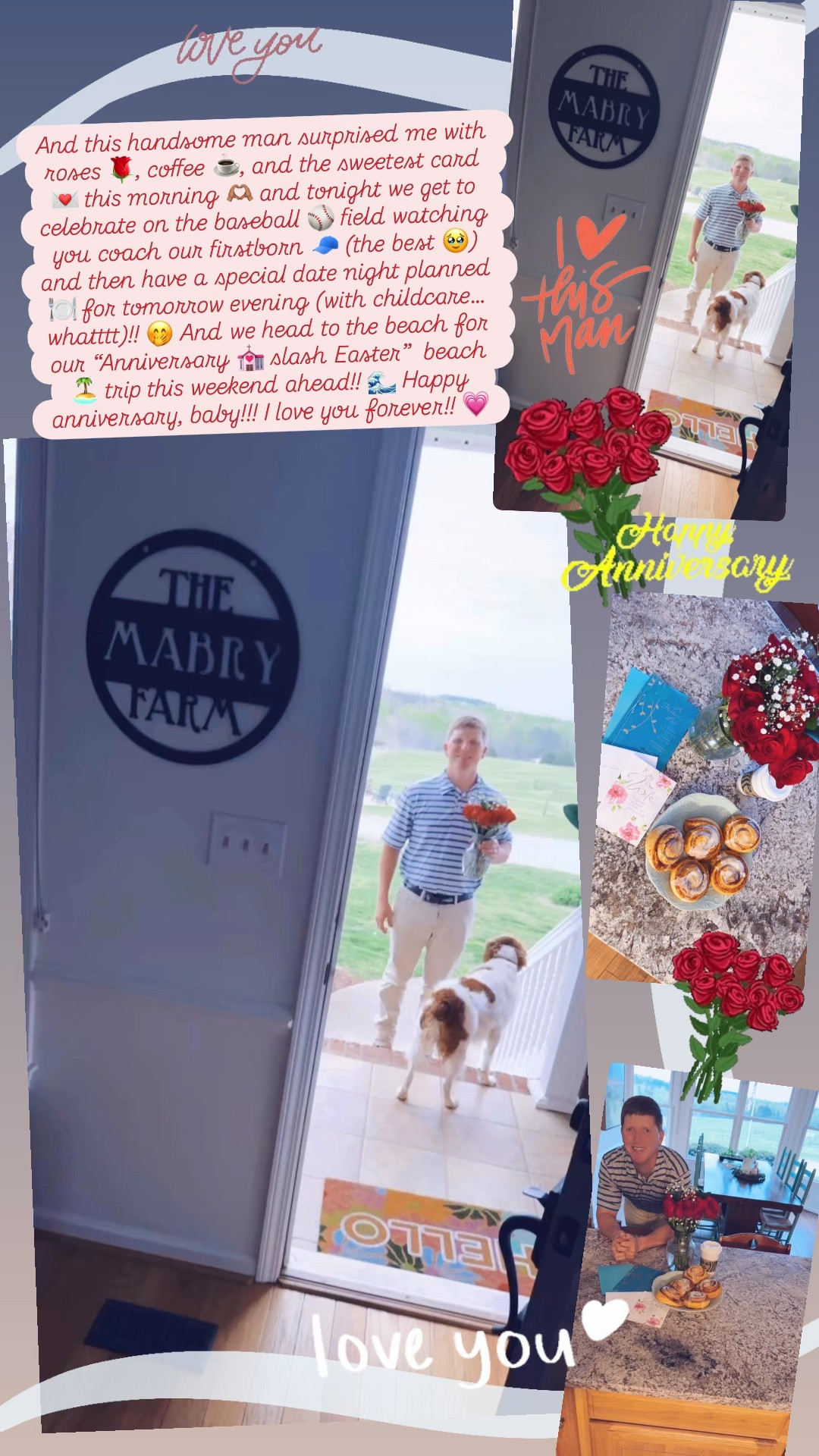 And this handsome man surprised me with roses 🌹 and the sweetest card 💌 this morning 🫶🏽 and tonight we get to celebrate on the baseball ⚾️ field watching you coach our firstborn 🧢 (the best 🥹) and then have a special date night planned 🍽️ for tomorrow evening (with childcare… whatttt)!! 🤭 And we head to the beach for our “Anniversary 💒 slash Easter”  beach 🏝️ trip this weekend ahead!! 🌊 Happy anniversary, baby!!! I love you forever!! 💗