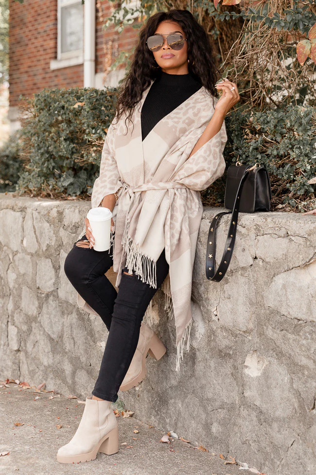 Right Things To Say Beige Leopard Belted Poncho DOORBUSTER | Pink Lily