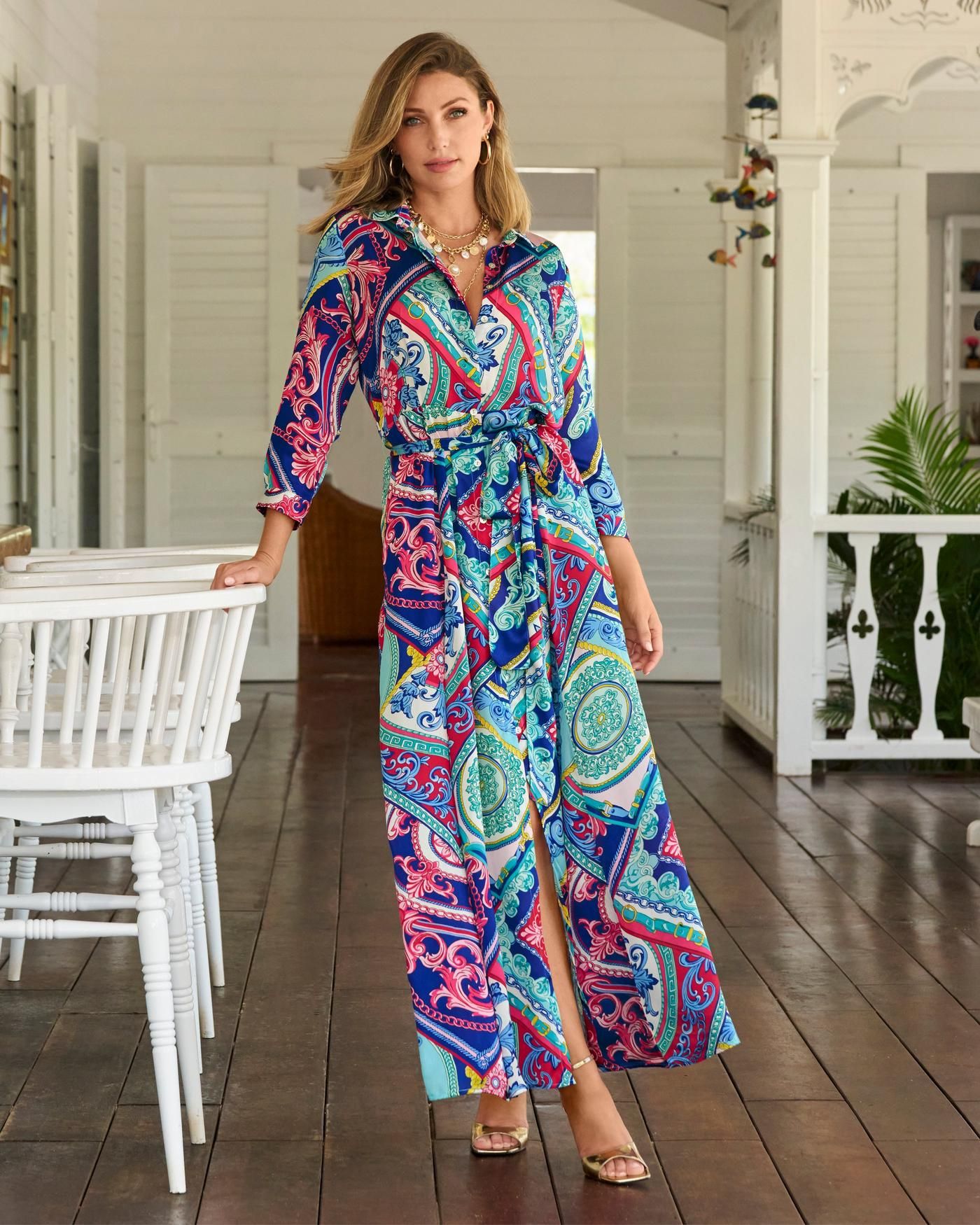 Luxe Tiles Print Charmeuse Maxi Shirt Dress - Multi | Boston Proper | Boston Proper