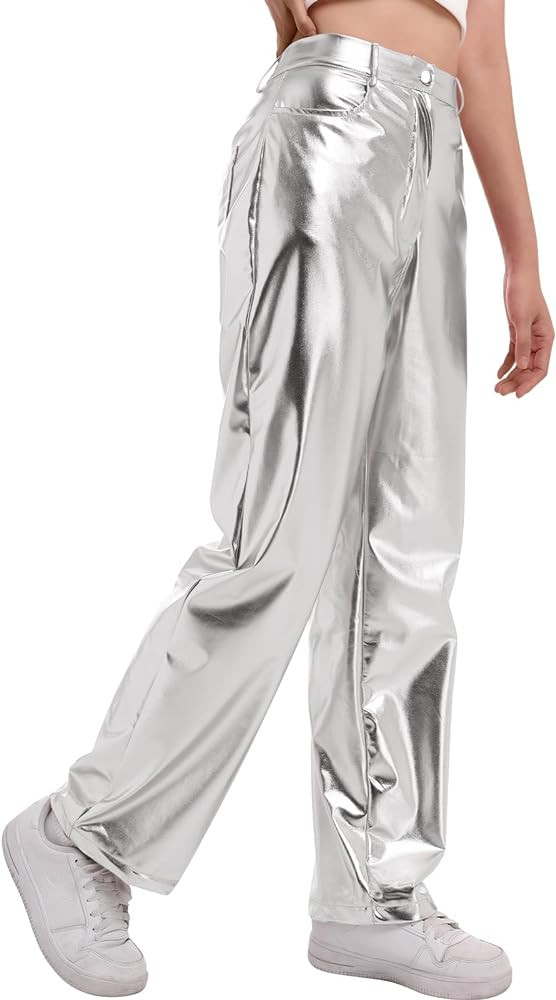 ODIZLI Pettie Women's Shiny Metallic Holographic High Waist Straight Leg Faux Leather Pants with ... | Amazon (US)