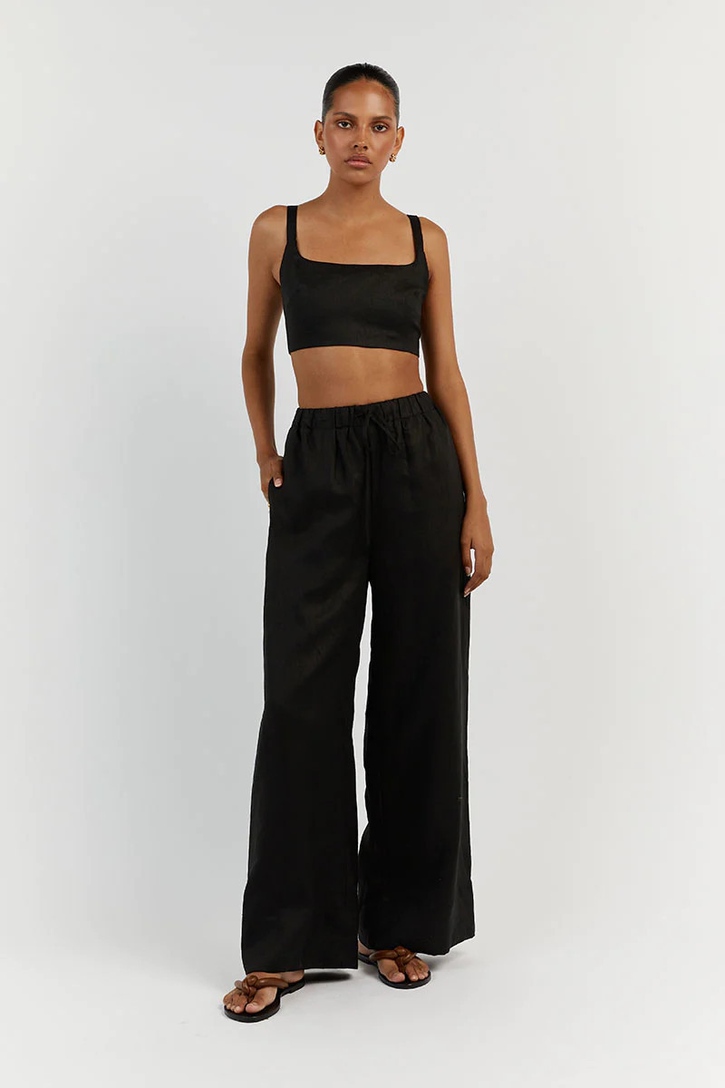GINA BLACK LINEN ELASTIC WAIST PANT | DISSH