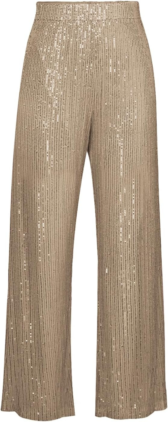 Aelidiya Women's Glitter Sequin Long Loose Pants Bling Party Clubwear Elastic Casual Pants | Amazon (US)