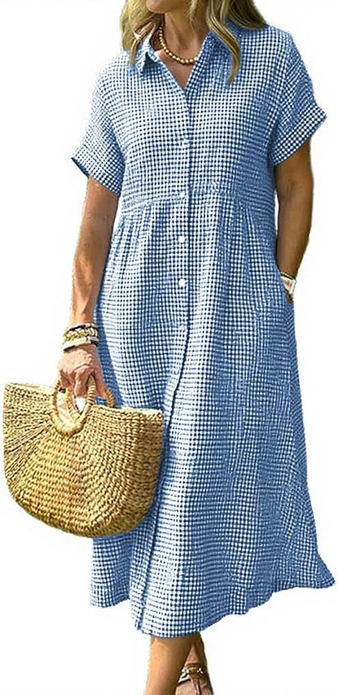 chouyatou Women's Casual Plaid Button Down Shirt Dress Boho Short Sleeve Gingham Midi Long Tunic ... | Amazon (US)