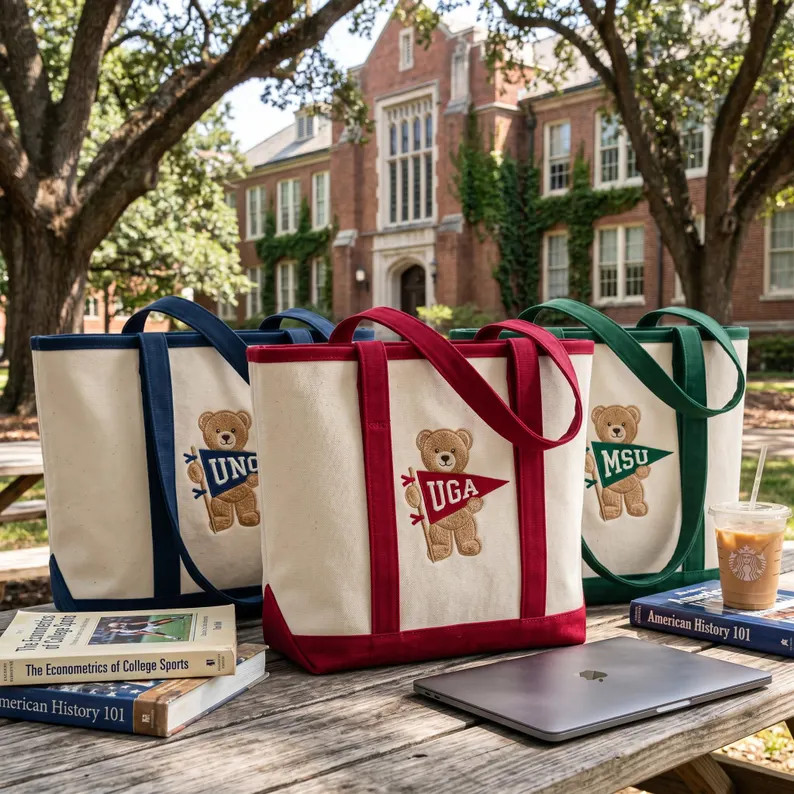 Custom College Tote, Embroidered Teddy Bear Tote, Personalized University Bag, Canvas Tote Gift f... | Etsy (Global)