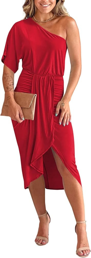PRETTYGARDEN Women's 2023 Summer One Shoulder Midi Dress Short Sleeve Ruched Wrap Slit Hem Bodyco... | Amazon (US)