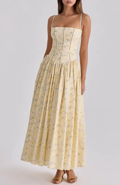 HOUSE OF CB Ysabella Floral Stretch Cotton Maxi Sundress in Lemon Floral at Nordstrom, Size Large A | Nordstrom