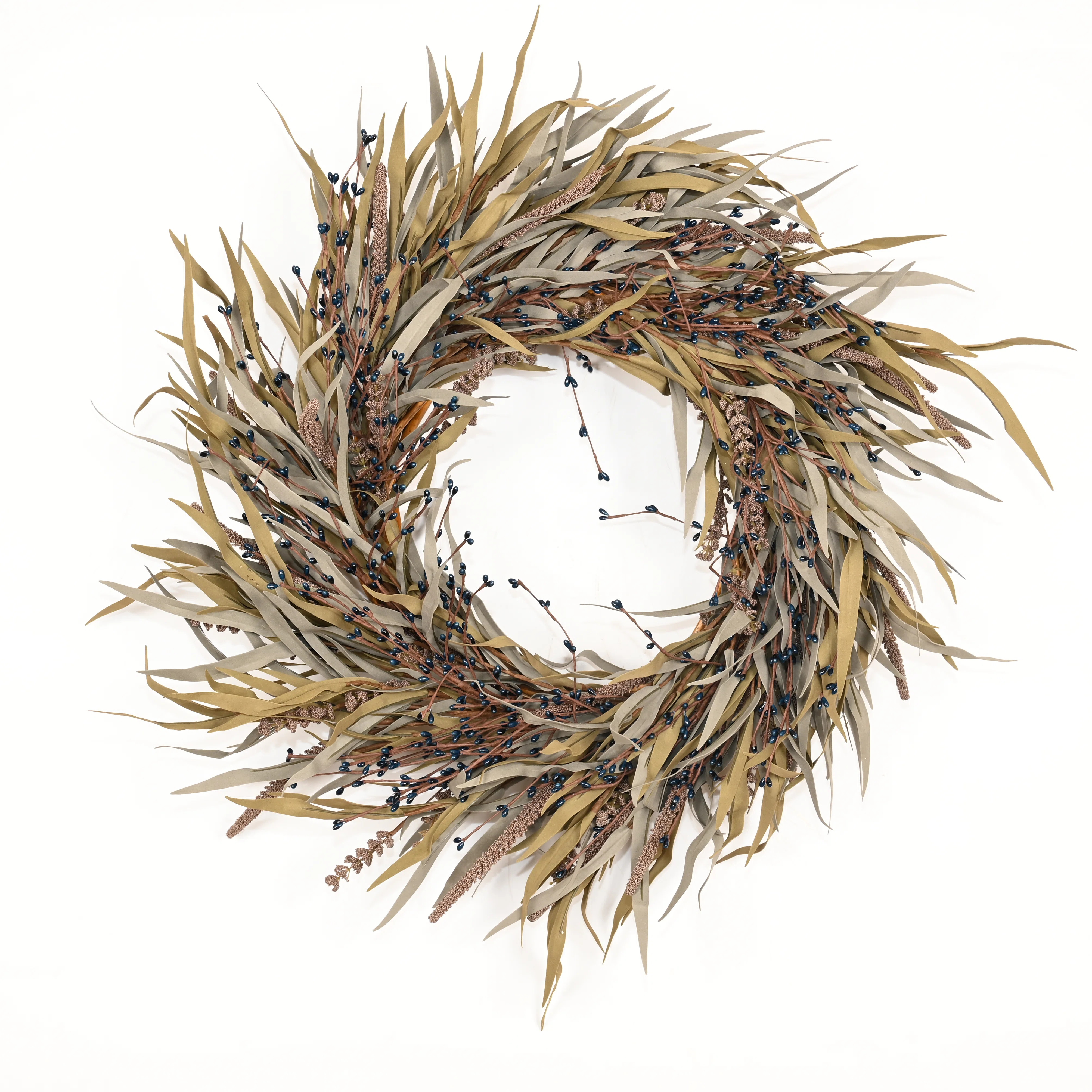 24" Artificial Farmhouse Harvest Thanksgiving Day Blossoms Cluster Grass Berry Fall Wreath For Fr... | Wayfair North America