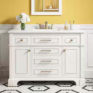 Melpark 48 in. W x 22 in. D x 34 in. H Single Sink Bath Vanity in White with White Engineered Marble Top | The Home Depot