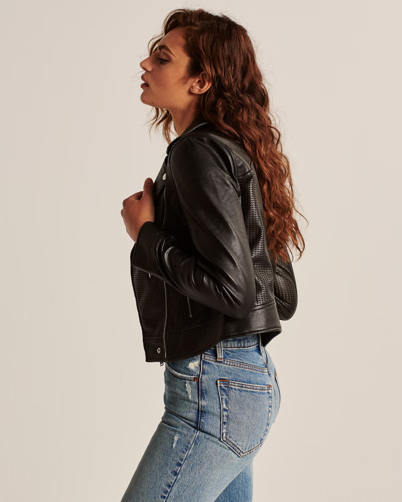 Vegan Leather Perforated Biker Jacket | Abercrombie & Fitch (US)