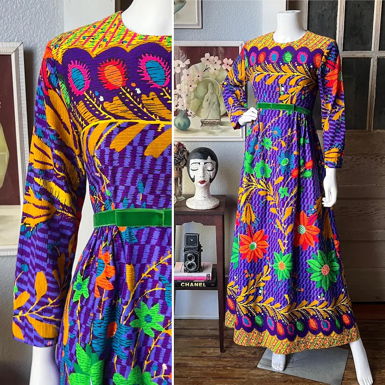 Late 1960\u2019s Vintage Feiner Fashions Psychedelic Floral and Peacock Feather Maxi Dress | Etsy (Global)