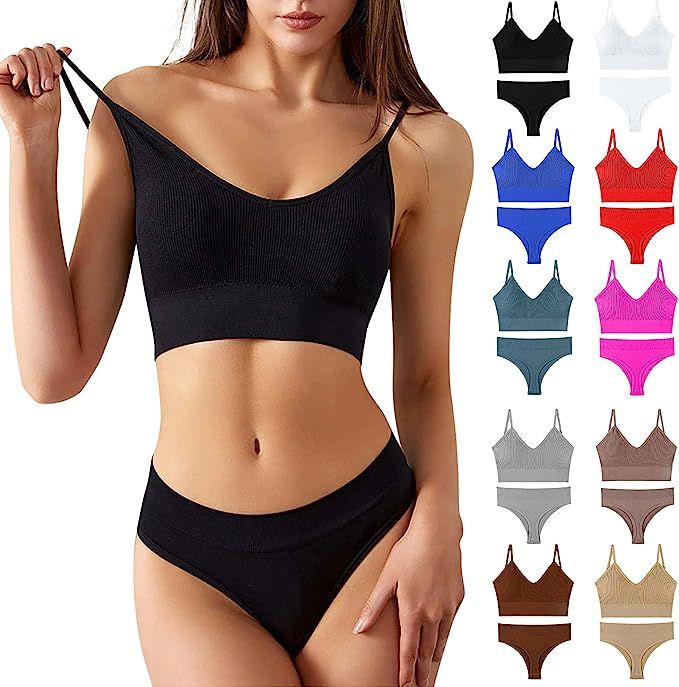 Women's Two Piece Lingerie Set Seamless Wireless Bra Thong Panty Set Underwear Full-Coverage Stre... | Amazon (US)
