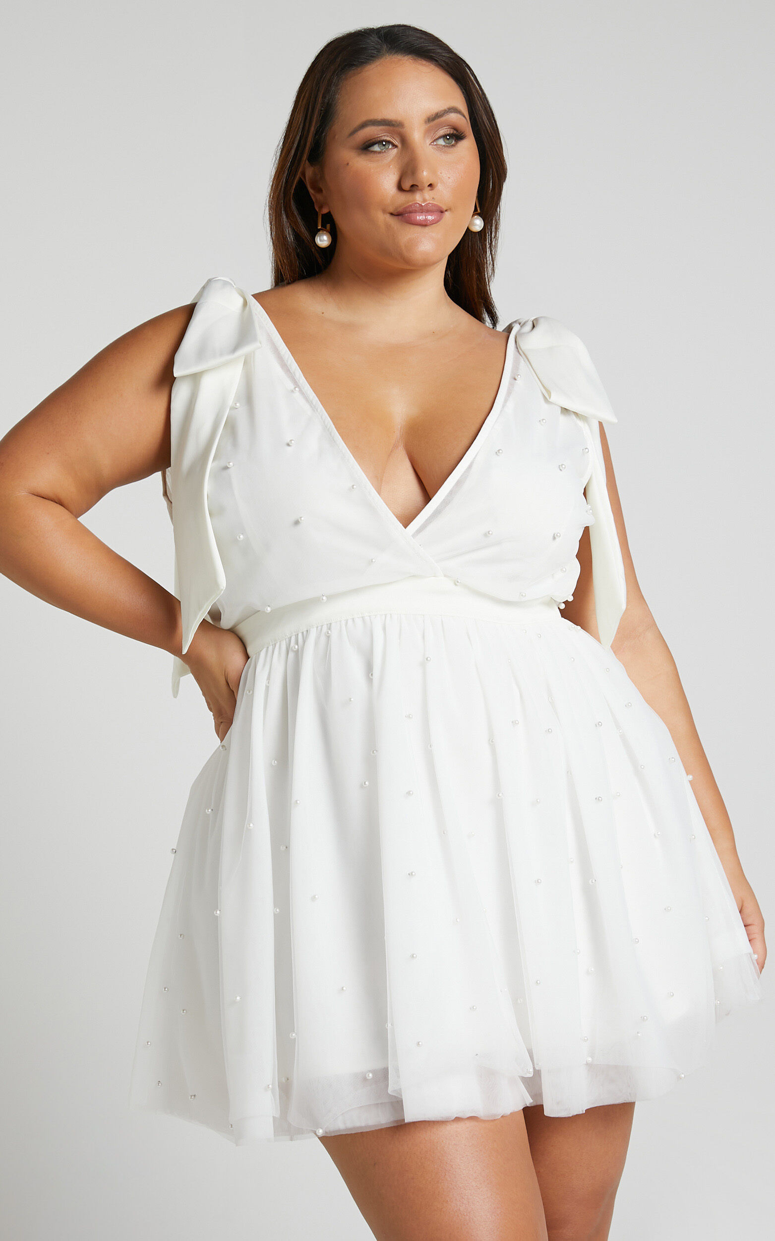 Karalyn Mini Dress - Bow Strap Plunge Pearl Detail Dress in White | Showpo (US, UK & Europe)