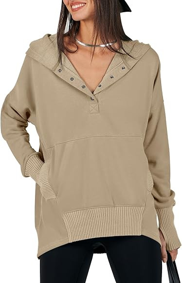 ANRABESS Women Casual Button V Neck Hoodies Oversized Pullover Sweatshirt Hooded Sweater Tops wit... | Amazon (US)
