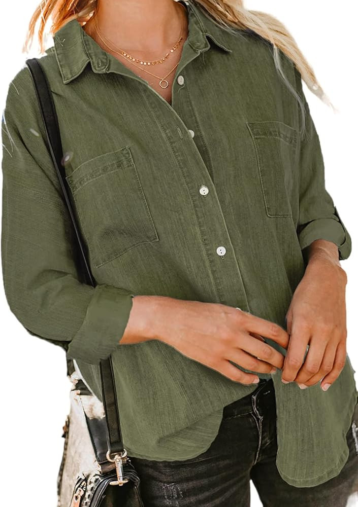 Astylish Womens Button Down Shirts V Neck Loose Casual Shirt | Amazon (US)