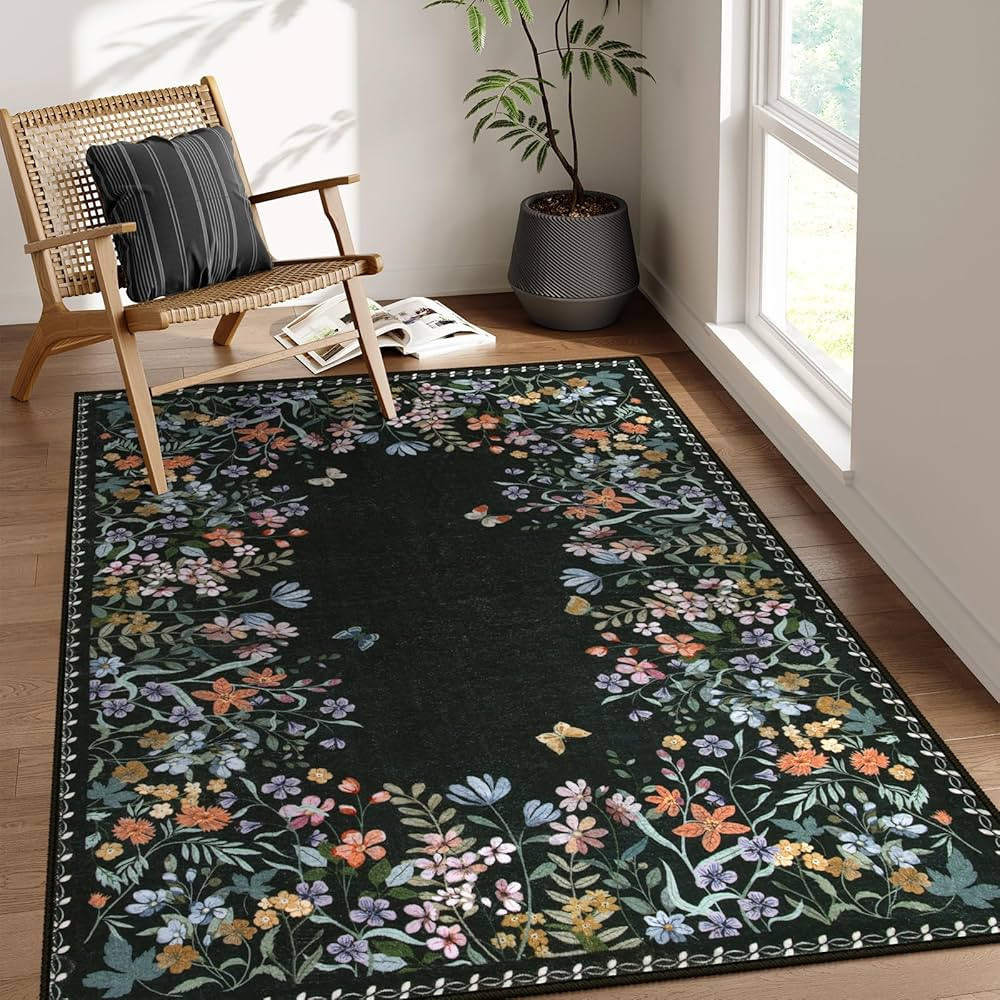 Wonnitar Washable 5x7 Rug, Black Botanical Area Rugs for Living Room, Non-Slip Soft Rug for Bedro... | Amazon (US)