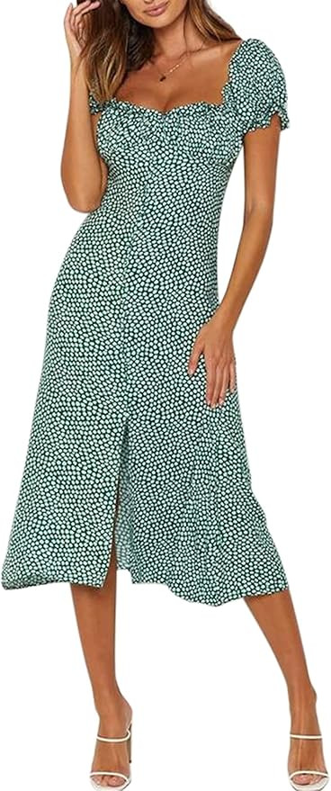 Women Ruffled Boho Floral Maxi Dress Midi Split Slim Dress Sexy Off Shoulder Short Sleeve Button ... | Amazon (US)