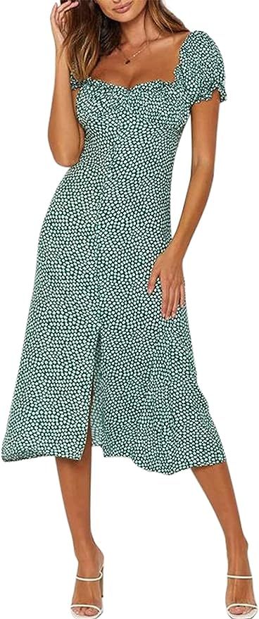 Women Ruffled Boho Floral Maxi Dress Midi Split Slim Dress Sexy Off Shoulder Short Sleeve Button ... | Amazon (US)