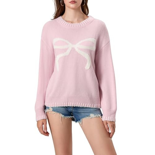 Fabumily Women Bow Sweater Y2k Crewneck Long Sleeve Knitted Pullover Teen Girls Oversized Sweaters Cute Fall Tops (Pink, L) | Amazon (US)