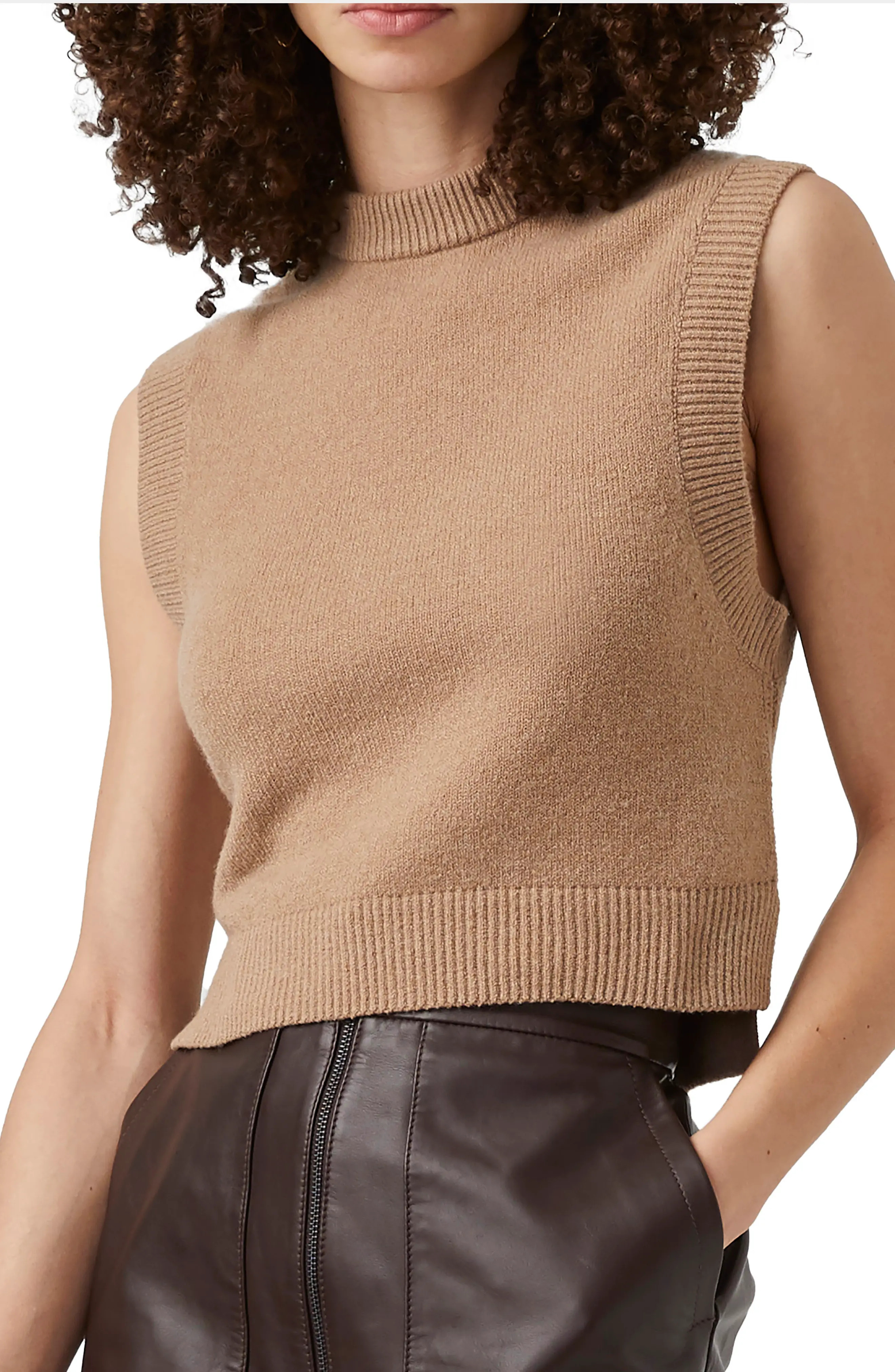 French Connection Millia Vhari Sleeveless Sweater, Size Large in Camel at Nordstrom | Nordstrom