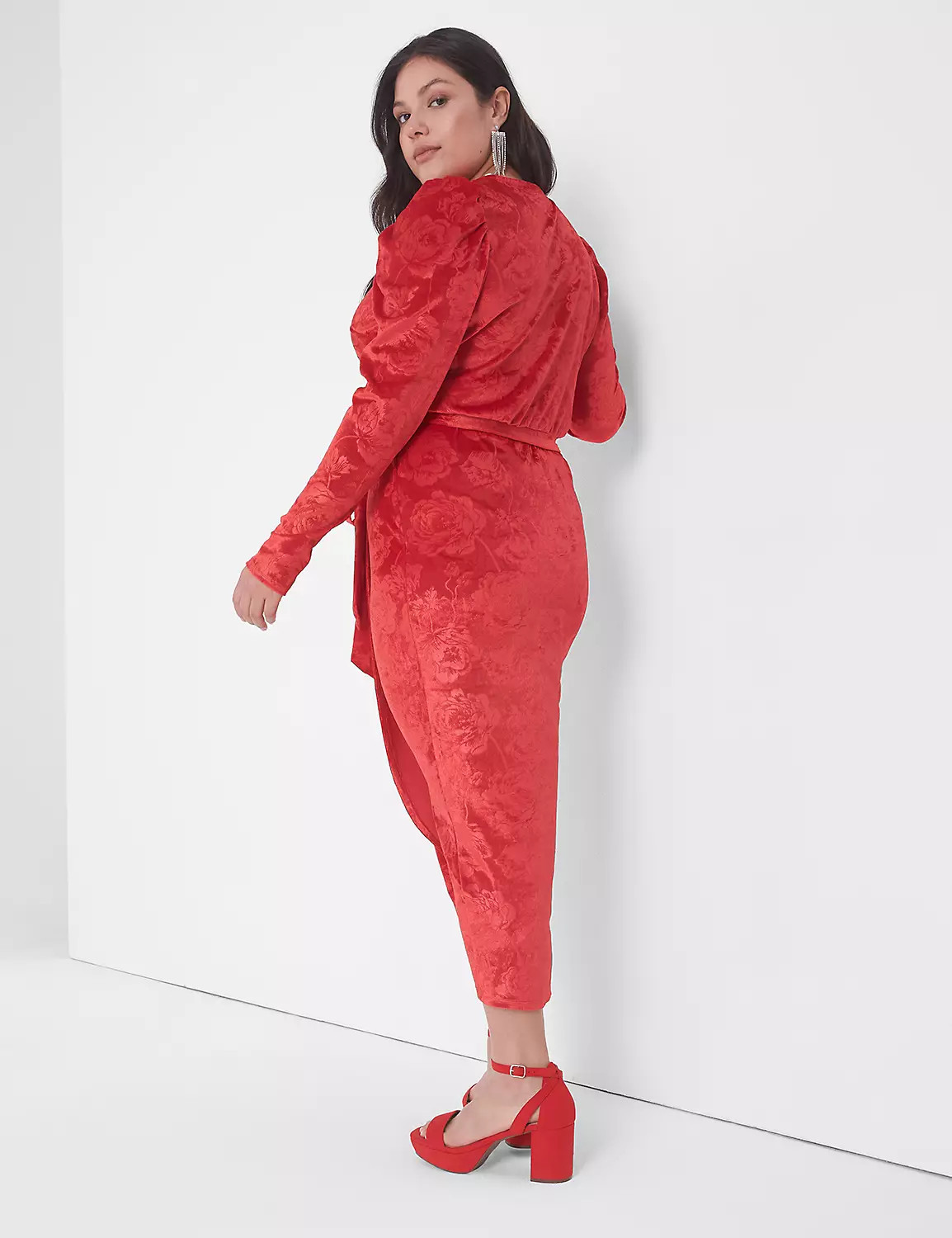 Puff-Sleeve Embossed Velvet Midi Dress | LaneBryant | Lane Bryant (US)