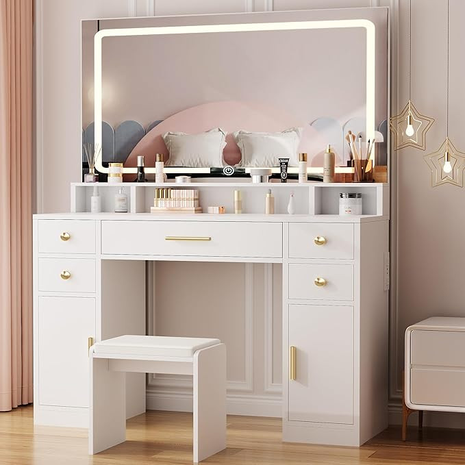ANWBROAD Vanity Desk Set with Large LED Lighted Mirror Power Outlet White Makeup Vanity Table 3 C... | Amazon (US)