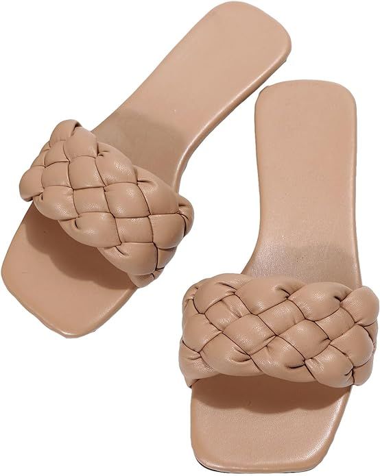 GORGLITTER Women's Braided Flat Sandals Square Open Toe Slide Sandals | Amazon (US)