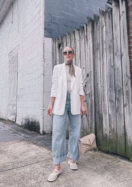 White blazer outfit, barrel jeans, cuffed jeans, mesh ballet shoes, Gucci scarf, business casual spring outfit 

#LTKOver40 #LTKShoeCrush #LTKFindsUnder100