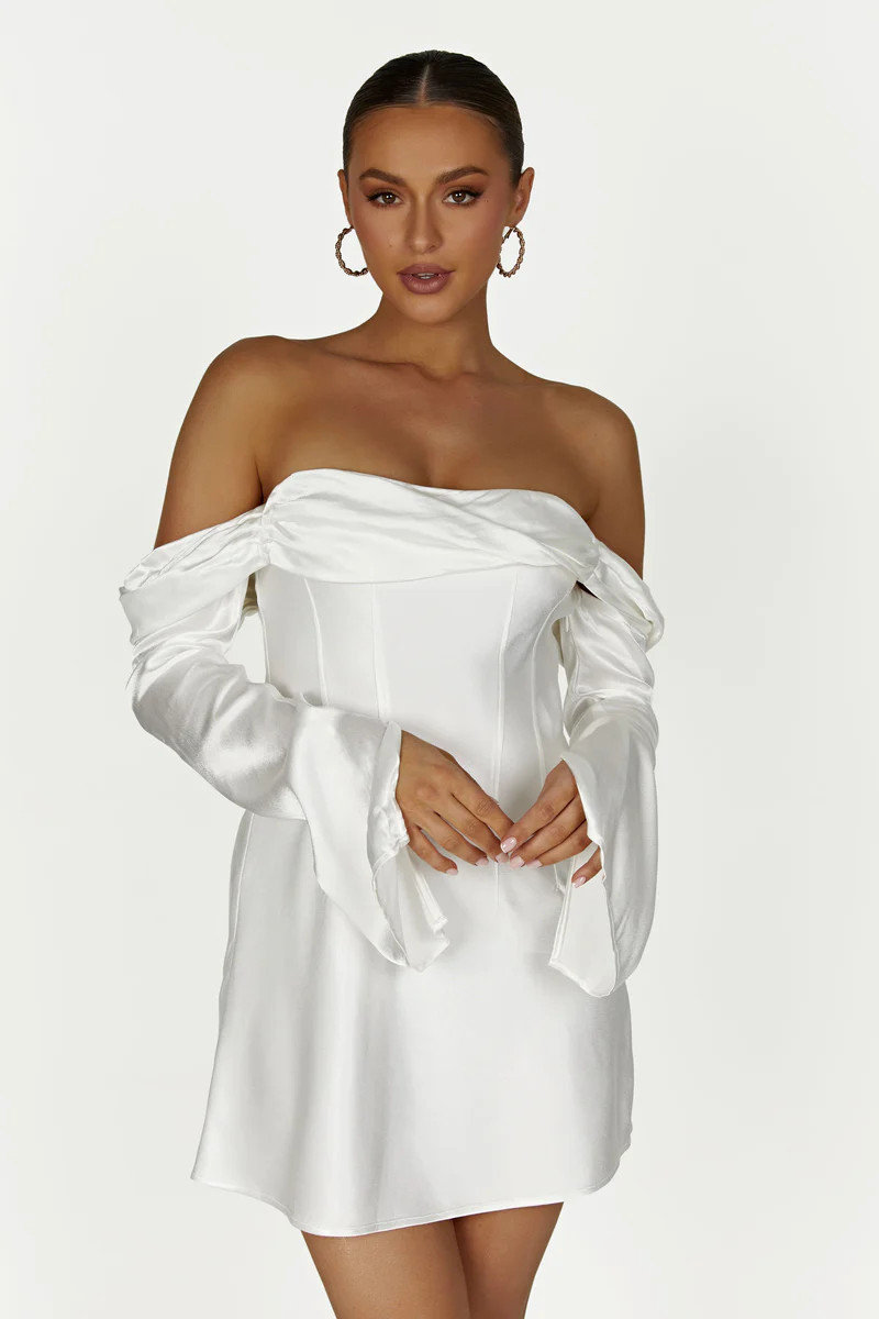 Giselle Off Shoulder Satin Mini Dress - White | MESHKI US