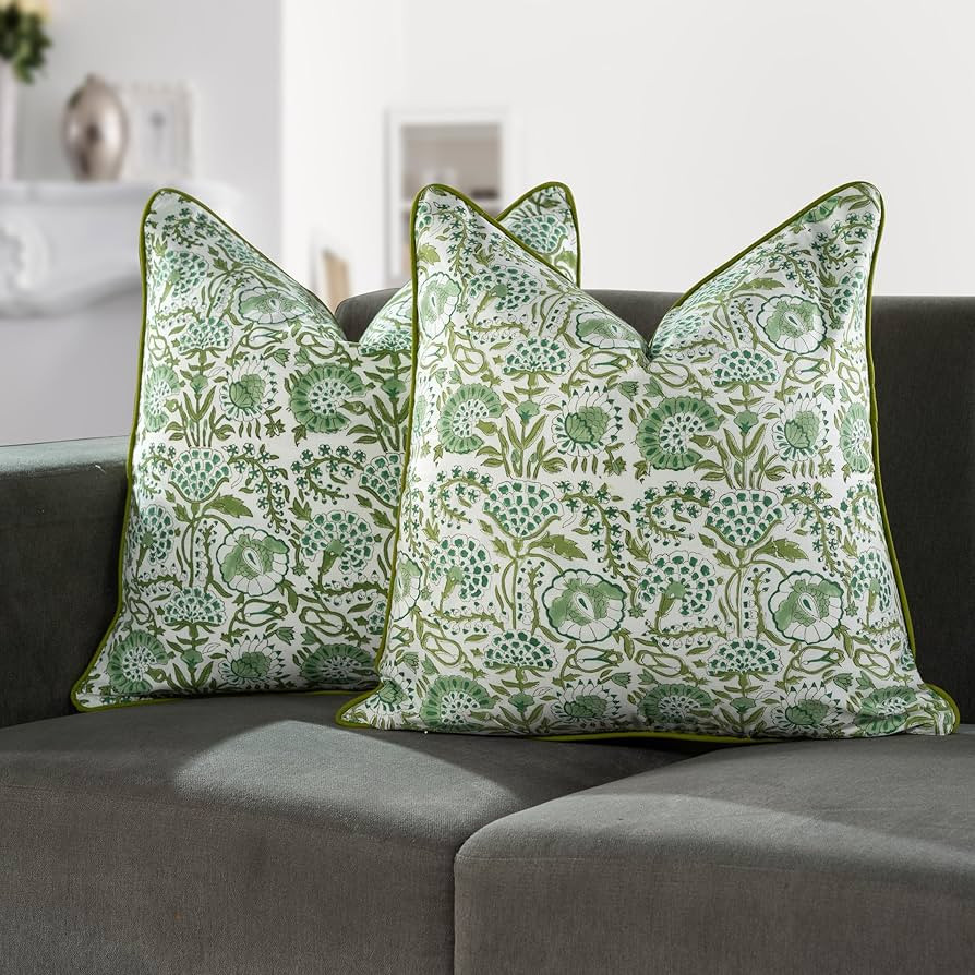 CPC 100% Cotton Throw Pillow Covers 20x20 Inch, Set of 2 Green Block Print Pattern Couch Pillow, ... | Amazon (US)